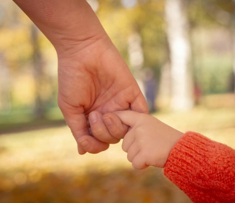 An adult hand gently holding a childs hand. The child is wearing an orange sweater, and the background is blurred, suggesting an outdoor setting with autumn colors.